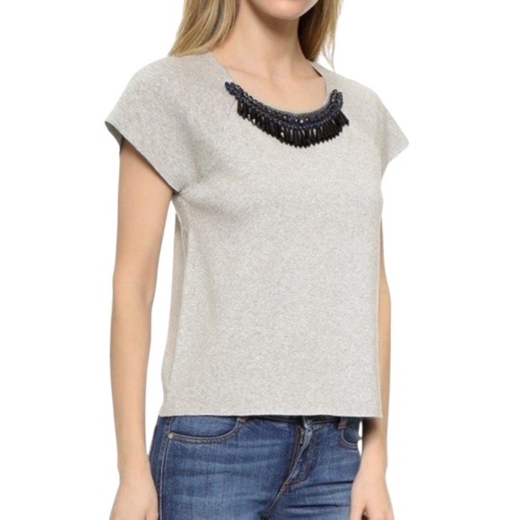 Milly Grey Knit Top Short Sleeve Embellished Black Blue Beads Size Large - Picture 1 of 11